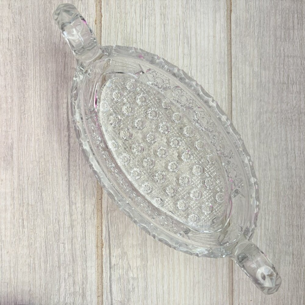 Imperial Glass Handled Dish Oval Glass Crystal Ware Star & Button 1900's
